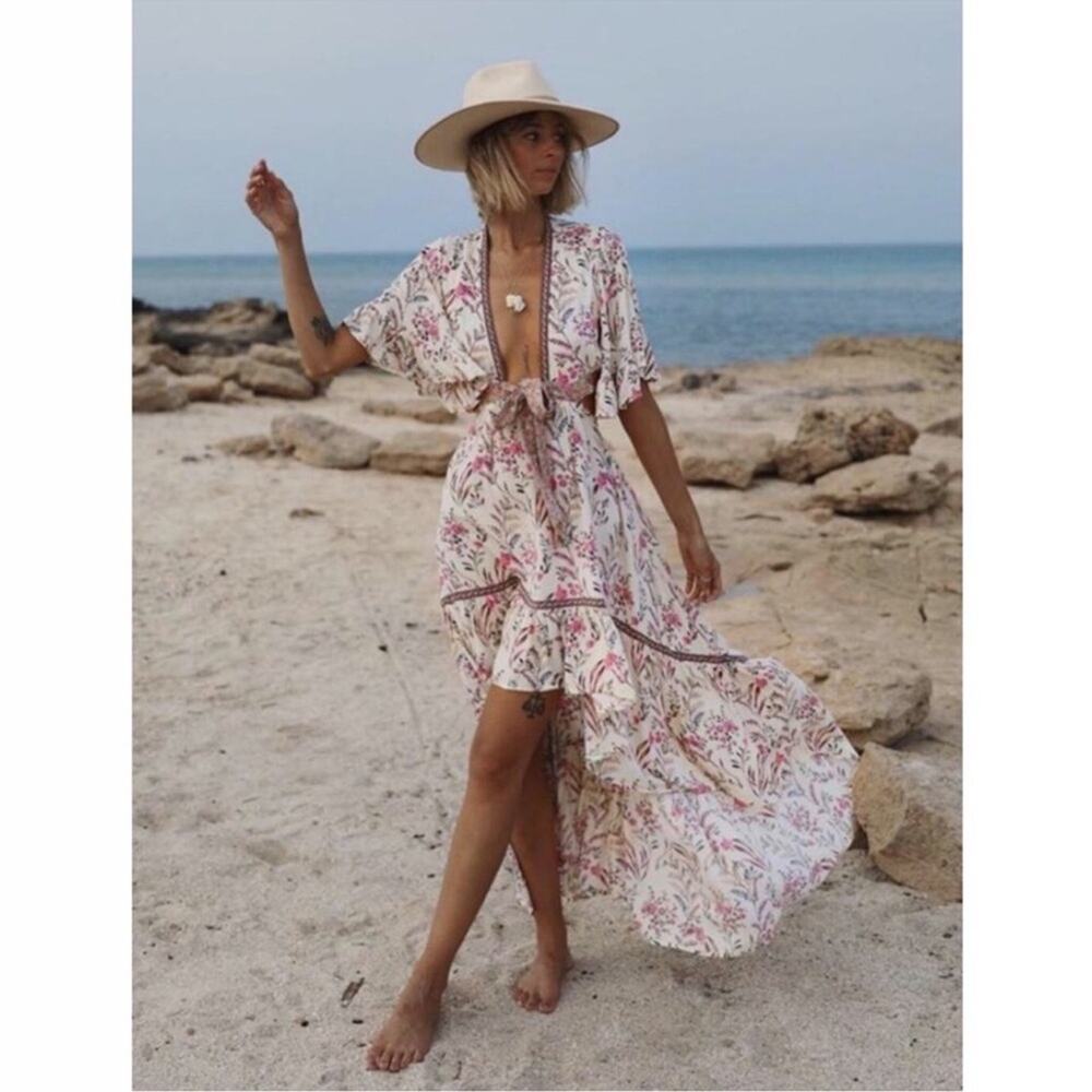 Spell High Low Dress in Cream and Pink